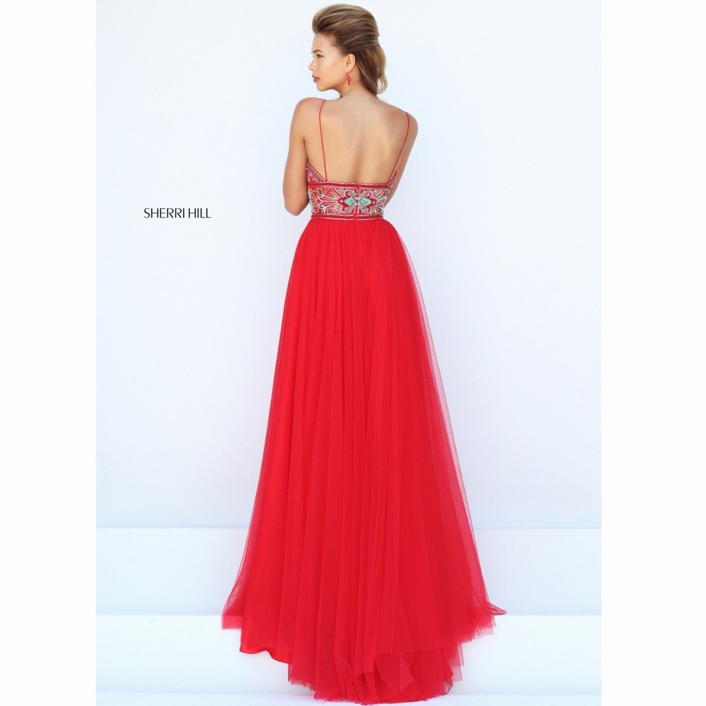 Sherri Hill 50474 A Line Maxi Formal Dress Red Pink Tulle 2 Beaded Homecoming - Picture 2 of 12